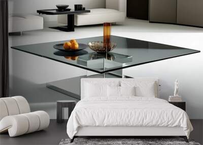 Minimalist glass coffee table with chrome base on white backdrop Wall mural