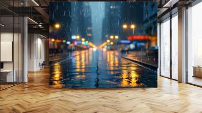 Misty urban night with glistening streets, blurred cityscape, and a serene solitude Wall mural