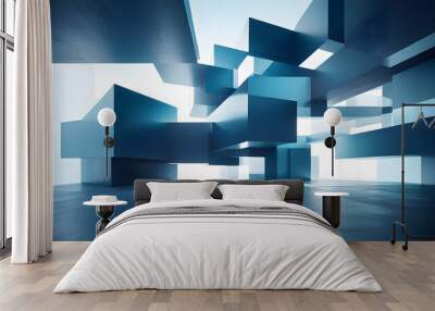 Modern abstract architecture featuring floating cubes and warm ambient lighting in a conceptual design environment Wall mural