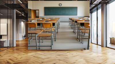 Modern classroom setting with empty desks designed for student learning and academic success, promoting educational opportunities and future growth Wall mural