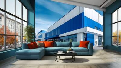 Modern factory building in white and blue under an epic sky blue backdrop Wall mural