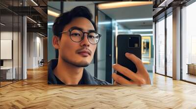 Modern self-expression through technology: a man with glasses taking a mirror selfie with his phone Wall mural