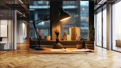 Moody ambiance of a dimly lit desk lamp shining in a solitary workspace within a darkened office environment Wall mural