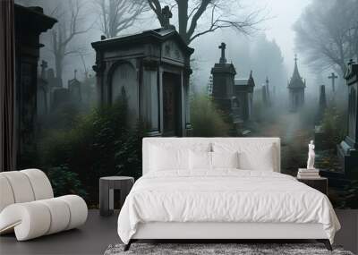 Mysterious fog envelops an eerie cemetery with overgrown graves and a towering mausoleum Wall mural