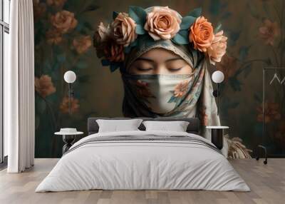 Mysterious vintage portrait of a person with closed eyes, featuring an ornate headscarf and a delicate floral crown Wall mural