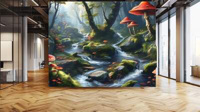 Mystical forest landscape featuring enchanting mushrooms and a serene stream in a captivating fantasy world. Wall mural