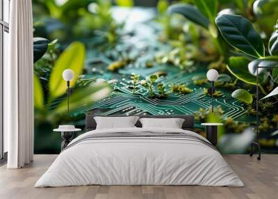 Nature Meets Technology: A Green Circuit Board Embraced by Lush Plants for Eco-Tech and Sustainability Themes Wall mural