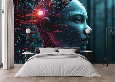 Neon Veins Illuminating an AI Brain Solving Cyber Puzzles to Strengthen Virtual Reality Security Defenses Wall mural