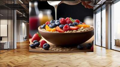 Nutritious breakfast featuring vibrant fruit and crunchy cereal in a rustic wooden bowl Wall mural