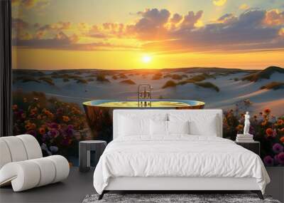 Opulent bathtub amidst vibrant flowers and rolling sand dunes under a warm sunset sky Wall mural