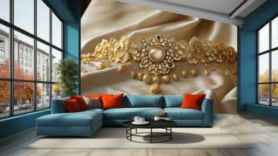 Opulent display of golden jewelry and elegant accessories on a lavish surface Wall mural