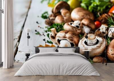 Organic mushrooms on a rustic wooden table, highlighting the beauty of autumn harvest and cooking inspiration with inviting copy space Wall mural