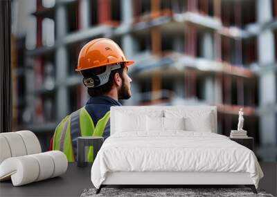 Pensive construction worker in hard hat and safety vest observing building progress at a construction site Wall mural