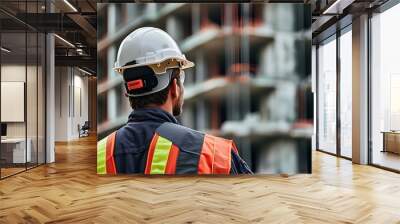 Pensive construction worker in hard hat and safety vest observing building progress at a construction site Wall mural