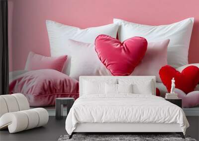 pink heart pillow on red background showcasing a flat lay design for a cozy and romantic space concept Wall mural