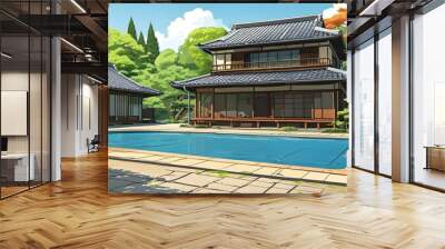 Playful Cartoon Depiction of Traditional Japanese House Surrounded by Lush Garden and Tranquil Pool Wall mural