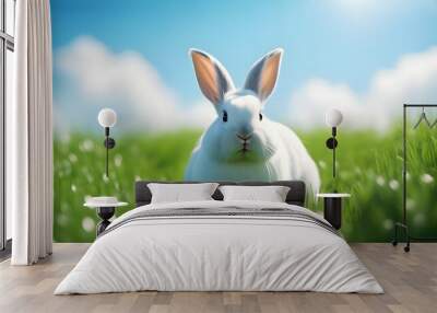 Playful white rabbit resting on vibrant green grass beneath a clear blue sky in the warmth of a sunny day. Wall mural