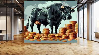 Powerful black bull beside towering stacks of coins, representing strength and financial prosperity in a captivating illustration Wall mural