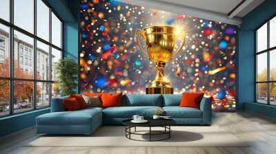 Radiant gold trophy cup surrounded by vibrant confetti and sparkling glitter, embodying triumph and celebration of success in competition Wall mural