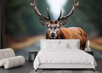 Red deer gracefully crossing a serene road, showcasing natures beauty in a moment of wildlife encounter Wall mural