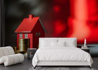 Red house model alongside coin stacks, dramatic red background with shadows, symbolizing real estate investment and financial growth Wall mural