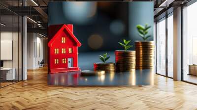 Red House Model Surrounded by Stacks of Coins Symbolizing Real Estate Investment and Financial Stability in a Dimly Lit Environment Wall mural