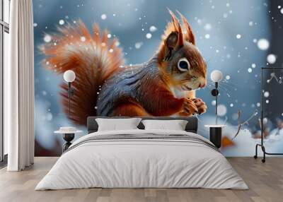 Red squirrel perched in the winter snow, surrounded by a serene snowy landscape Wall mural