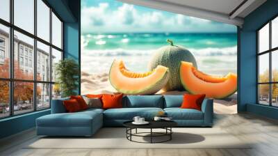 Refreshing closeup of sliced cantaloupe melon against a whimsical beach backdrop, embodying summer vibes and low-sugar delight Wall mural