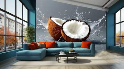 Refreshing coconut water splash on grey backdrop, perfect for summer fruit designs and healthy food promotions. Wall mural