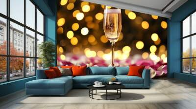 Romantic celebration with elegant champagne glasses surrounded by rose petals and golden bokeh lights, perfect for Valentines Day or wedding designs. Wall mural