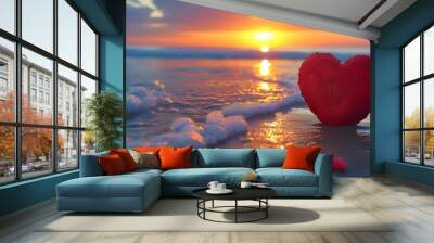 Romantic heart shape on the beach during a stunning sunset, embodying love and passion Wall mural