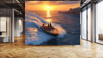 Romantic sunset cruise adventure along a stunning coastline, embracing love and beauty in the evening glow Wall mural