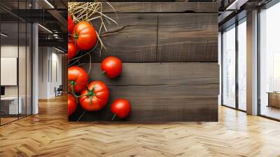 Rustic display of fresh tomatoes on wooden background, showcasing vibrant harvest and healthy eating inspiration Wall mural