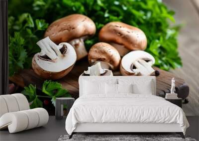 Rustic presentation of fresh mushrooms on a wooden plate garnished with parsley, highlighting organic food and vegan cooking essentials Wall mural