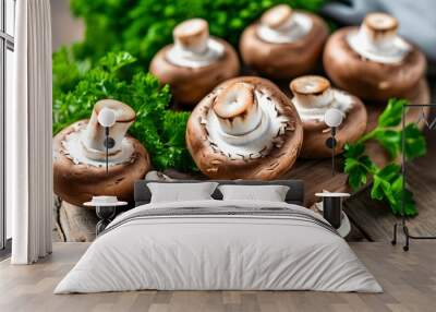 Rustic presentation of fresh mushrooms on a wooden plate garnished with parsley, highlighting organic food and vegan cooking essentials Wall mural