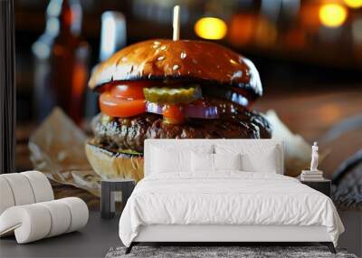 Rustic pub setting featuring a delicious beef burger on a wooden table Wall mural