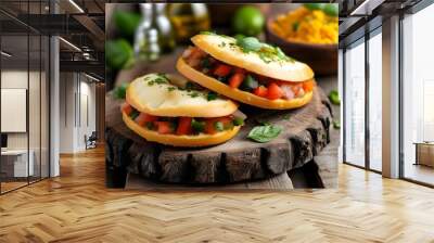 Rustic wooden board showcasing delicious molletes, an inviting representation of traditional Mexican cuisine for menu and advertising designs Wall mural