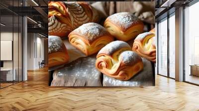 Rustic wooden table adorned with flour-dusted freshly baked bread and pastries, offering a deliciously inviting atmosphere Wall mural