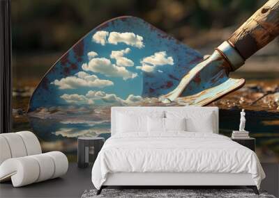 Rusty shovel reflecting clouds in water, blending nature and tools in a serene outdoor scene Wall mural