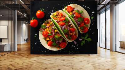 Savor the Flavor of Burritos: A Delicious Tomato-Topped Treat Against a Bold Black Background Wall mural