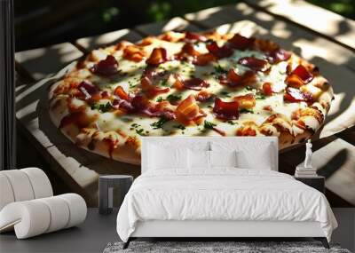 Savory Creamy Bacon Pizza Bathed in Summer Sunlight with Shadows on a Rustic Wooden Table Wall mural