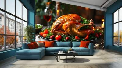 Savory roasted turkey beautifully presented on the dining table Wall mural