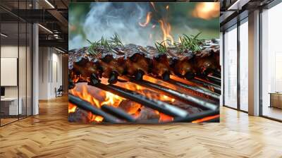 Savory smoke billows from a grill brimming with glazed barbecue ribs, embodying the delight of a summer cookout feast. Wall mural