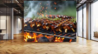 Savory smoke billows from a grill brimming with glazed barbecue ribs, embodying the delight of a summer cookout feast. Wall mural