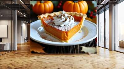 Seasonal delight of traditional pumpkin pie served on a classic white plate Wall mural