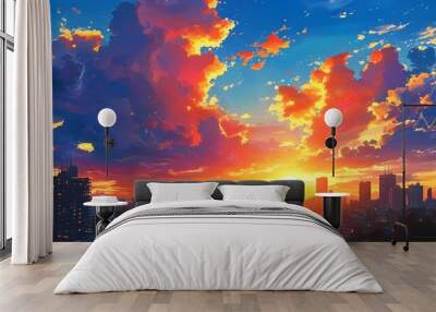 Serene anime cityscape at sunset with towering buildings, vibrant clouds, and a silhouetted figure amidst a dynamic sky Wall mural