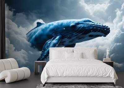 Serene blue whale gracefully navigating through soft, wispy clouds Wall mural