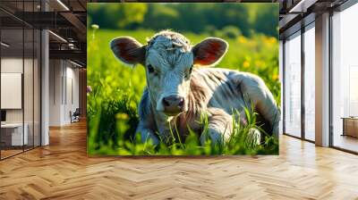 Serene calf resting on lush green grass, embodying the essence of agriculture and livestock husbandry for milk production promotion Wall mural