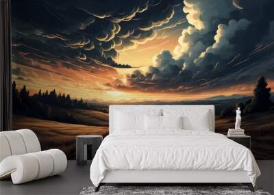 Serene countryside path illuminated by distant lightning under dramatic dusk skies Wall mural