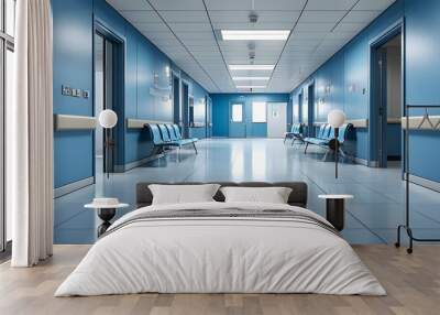 Serene hospital waiting area with calming blue walls and a tiled floor Wall mural